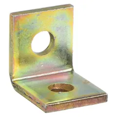 This 90° corner connector is used to join structural framing or conduit at a right angle. Made of steel with an electroplated gold finish, it features an open and closed 2-hole design for accommodating bolts or fasteners. Suitable for industrial racking, support systems, and electrical installations.