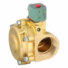 This REDHAT solenoid valve is a 2-way, 2-position normally closed type with a 2 in pipe size, operating on 24V AC. It features a watertight coil enclosure and is designed for high-flow applications. Suitable for on/off control of liquids or gases in industrial fluid systems, water treatment, and process automation.