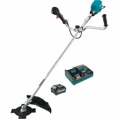 This MAKITA brush cutter features a brushless motor and a 17-inch cutting width for clearing heavy grass, weeds, and light brush. The 71-inch straight shaft provides extended reach, and the interchangeable head adds versatility. Includes a 4.0 Ah battery.
