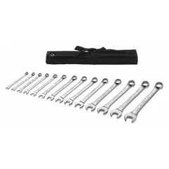 This 14-piece set of metric 12-point combination wrenches covers head sizes from 6 mm to 19 mm. Each wrench is made of alloy steel with a chrome finish. The set is suitable for tightening and loosening metric fasteners in automotive, machinery, and industrial applications. Includes a storage pouch.