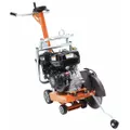 Wet-type, gasoline-powered walk-behind concrete saw with a 14 in blade diameter and maximum cutting depth of 4 5/8 in. Equipped with a pull-cord (recoil) start and a 4-cycle engine. Suitable for cutting concrete, asphalt, and masonry in flatwork, road repair, and trenching applications.