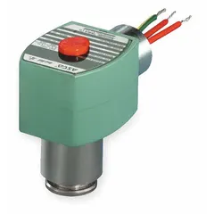 This 2-way/2-position normally closed solenoid valve controls fluid flow in compatible media systems. It features a brass body with PTFE seal, 1/8 in pipe size, and 120V AC operation. The watertight coil enclosure without junction box enables indoor and outdoor installation.