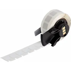 Precut label roll with 13/32 in x 13/32 in polyimide labels in white matte finish. Compatible with M611 printer series. Used for industrial identification and asset tracking, including labeling of electrical components and equipment.