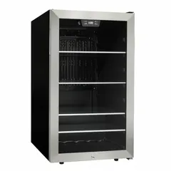 The DANBY DBC045L1SS beverage cooler has a 4.5 cu ft total capacity and three shelves. It is finished in silver and is not Energy Star Certified. Suitable for storing and chilling canned and bottled drinks in commercial or residential settings such as bars, break rooms, or home entertainment areas.