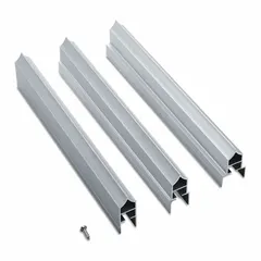 Aluminum headrail component for commercial bathroom partitions. Designed to support and align phenolic partition panels in restroom stalls. Includes two screw packs for installation. Overall height 98 inches, overall width 3/4 inch.