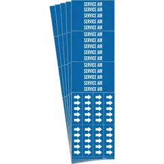 Blue adhesive pipe marker with white 'Service Air' legend and flow-direction arrows. Fits pipes with outside diameter of 3/4 inch and smaller. Each pack contains 5 markers (3 individual pipe markers). Used to identify compressed air lines in industrial piping systems.
