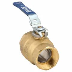 This is a 1-1/2 inch brass ball valve with a two-piece body, straight pattern, and female NPT threaded ends. It features a locking lever handle for secure on/off flow control. Suitable for water, oil, and gas applications in commercial and light industrial piping systems.