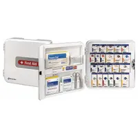 This unitized first aid kit meets ANSI/ISEA Z308.1-2021 Type I/II Class A standards and includes a Guided Refill System. Contents: 70 adhesive bandages, 20 alcohol wipes, and 2 trauma pads. No oral or inhalant medicinals are included. Suitable for use in workplaces, offices, and industrial facilities for treating minor wounds