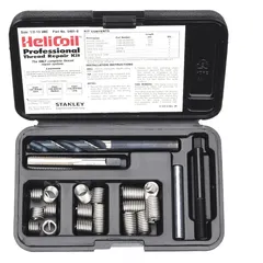 This kit includes 18-8 stainless steel helical inserts and a 1/2"-13 STI tap for restoring damaged internal threads in metal components. The free-running, tanged tang style inserts create a new right-hand coarse thread. Suitable for automotive, industrial, and maintenance thread repair applications.