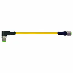 Double-ended cordset with M12 male straight and M12 female right-angle connectors. Features 4 pins, 22 AWG wire, and a yellow PVC jacket. Cable length is 1 m. Used for signal or power transmission in industrial automation and flexing applications.