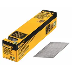 Collated finish nails, 2-1/2" length, flat head, smooth shank, steel construction with galvanized finish for corrosion resistance. Chisel point and glue coating for secure holding in wood. Suitable for trim, molding, and cabinetry installation.