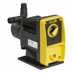 This compact solenoid-driven diaphragm metering pump features a PVDF head and PTFE diaphragm for handling aggressive chemicals. It operates at 115/230V AC with a reproducibility of ±3.0%, and includes ceramic check balls, PVDF fittings, and Polyprel seals. Suitable for precise chemical injection in water treatment and industrial processing applications.
