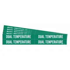 Green adhesive pipe markers with white legend reading 'Dual Temperature' for identifying pipes carrying dual-temperature fluids. Each marker fits pipe outer diameters from 3/4 to 2-3/8 inches. Pack includes 4 markers without arrows. Supplied in a 5-pack quantity.
