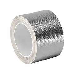 Silver, acrylic embossed foil tape, 2 in wide, 6 yd long, 5 mil thick, rated 600 V. Provides low-resistance contact for EMI/RFI shielding, grounding, and splicing in electrical enclosures and cable assemblies.