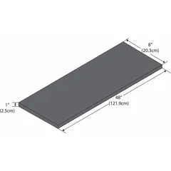 This black phenolic shelf is designed for laboratory environments, offering a durable and chemical-resistant surface for storing equipment and supplies. Measuring 8 inches in length, 4 feet in width, and 1 inch in height, it provides stable shelving for lab furniture accessories.