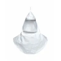 This MSA double bib hood is designed for use with powered air-purifying respirator (PAPR) systems. It features a threaded connector for attachment, a suspension system, and a double bib that provides extended coverage for the neck and chest. The hood is universal size and supplied in a pack of 20. Suitable for industrial environments requiring respiratory protection