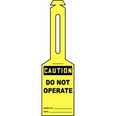 Yellow single-part caution tags with attached strap for temporary warnings on equipment or machinery. Each tag is #7 size with legend on one side only. Suitable for lockout/tagout programs and safety compliance in industrial maintenance.