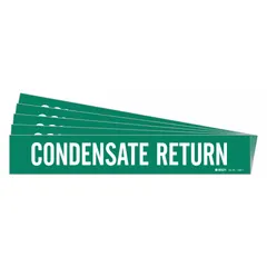 Green adhesive pipe marker with white legend reading 'Condensate Return', without arrows. Fits pipe outer diameters from 2-1/2 to 7-7/8 inches. Sold in a pack of 5. Used to identify piping that carries condensed steam back to the boiler or heat exchanger in steam and condensate systems.