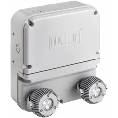 Plastic emergency light with two LED lamp heads, 12W emergency wattage, and 120V AC input. Surface-mount gray housing is damp location rated and CA Title 20 compliant. Suitable for covered walkways, parking garages, and industrial areas.
