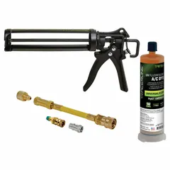 This 6-piece UV leak detection kit is designed for use with R-134a and R-1234yf refrigerant systems. It includes an 8 oz cartridge of A/C dye and an R-134a hose coupler with BigEZ adapter and purge fitting. The kit is used to inject UV dye into cooling systems, enabling leak detection under UV light.