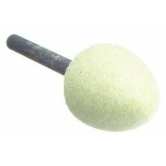 Ceramic mounted point with 80 grit and B42 shape, designed for cool-cutting on stainless steel and nickel alloys. Used for deburring, blending, and finishing in metalworking applications. 1/2 in diameter.