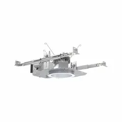 New construction recessed LED downlight housing for flat ceilings. Operates on 120 to 277V AC, dimmable, with 3500K color temperature. Trim and reflector/baffle are sold separately. Suitable for general ambient lighting in commercial or residential spaces.