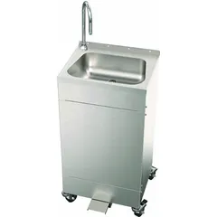 One-bowl portable hand sink with a single foot pedal faucet delivering 0.5 gpm flow rate. Suitable for temporary hand-washing stations in locations without fixed plumbing, such as construction sites, outdoor events, and industrial facilities.