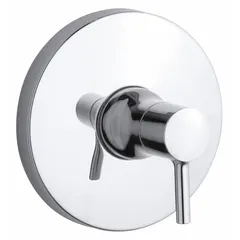 This valve trim from KOHLER features a metal lever handle and circular metal trim plate in a polished chrome finish. Designed for use with Toobi Rite-Temp K-8304 or K-2971 pressure-balancing valves with diverters, it provides a clean, functional interface for controlling water flow and temperature in bathtub and shower installations.
