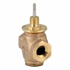 2-way globe valve with 3/4 in female NPT connections, 7.3 CV flow coefficient. Bronze body, stainless steel stem, brass seat. Normally closed, stem up to close. Used for on-off or modulating control of water flow in hydronic HVAC systems.