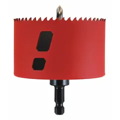 This 3-inch diameter hole saw with attached arbor is designed for cutting wood, metal, and plastic. It features 5/6 teeth per inch for a balance of speed and finish, with a maximum cutting depth of 1 7/8 inches and a 5/8"-18 thread size. Suitable for plumbing, electrical, and general construction applications requiring a 3-inch hole.