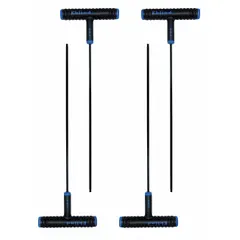 Set of four T-shaped hex keys with 3 mm metric tip size, long length, and black oxide finish. Made of alloy steel with one ball end per key for angled access up to 25 degrees. Used for tightening or loosening hex socket screws in machinery, automotive, and industrial assembly.