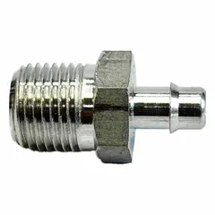 Aluminum barbed tube fitting with male NPT threads for connecting flexible tubing in pneumatic and low-pressure fluid systems. Features a 3/16 in inside diameter and 27/32 in overall length.