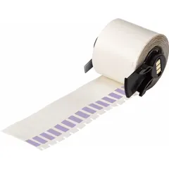 Vinyl precut label roll with purple matte finish, 1 1/2 in x 1/4 in size, for wire gauges 10 AWG to 4 AWG. Compatible with BMP71 printer series and M61-R4310 ribbon. Used for permanent wire and cable identification in industrial control panels and electrical installations.