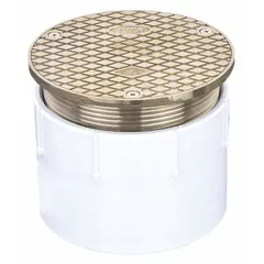 This ZURN adjustable floor cleanout provides access to drain lines for inspection and cleaning. Designed for floor installation, it installs flush with the floor surface. Overall diameter is 4 in, overall height is 5 1/4 in, and it has a silver finish.
