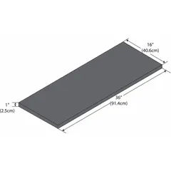 This phenolic shelf is used in laboratory and industrial environments for organizing equipment and supplies. It measures 36 inches in overall length, 16 inches in overall width, and 1 inch in overall height. The black phenolic material provides chemical and moisture resistance for benchtops, storage racks, and workstations.