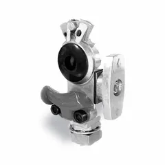 Aluminum 90° emergency gladhand with integrated shut-off valve. 3/8"-18 thread size. Red color designates use for emergency air-brake systems, providing a quick-connect coupling point for temporary air supply during maintenance or emergency operations.