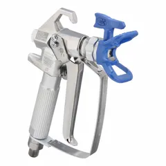 This GRACO airless spray gun is constructed with an aluminum body and features a 1/4 in NPSM air inlet. It includes a 4-finger trigger and is designed for applying coatings, enamels, lacquers, and stains. Suitable for industrial finishing and painting applications requiring a consistent spray pattern.