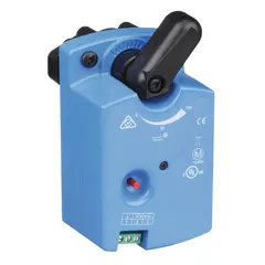 This electric ball valve actuator operates on 24V AC and is designed for use with VG1000 series valves. It provides normally open valve action for on/off or floating control in HVAC systems, regulating flow of water or glycol solutions in commercial building applications.
