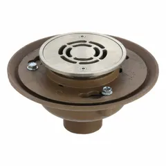 This institutional floor drain is constructed of stainless steel with a satin finish and a silver slotted grate. It includes a ligature resistant baffle for enhanced safety in behavioral health and correctional settings. The drain has a 9-inch overall diameter, 6 1/4-inch overall height, and a no-hub connection type.