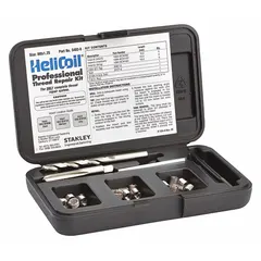 This thread repair kit includes 18-8 stainless steel helical inserts and an STI tap for M8-1.25 coarse threads. Designed for restoring damaged threads in metal components such as engine blocks, housings, and machinery. The free-running design provides a durable, right-hand thread repair.