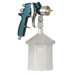 Aluminum-bodied conventional spray gun with 1/4 in NPT air inlet and 10.4 cfm @ 40 psi air consumption. Includes adapter. Compatible with paints for industrial finishing, automotive refinishing, and general coating applications.
