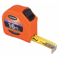 This 16 ft tape measure features SAE fractional graduations in 1/16 in increments, a nonmagnetic single hook tip, and a vertical read display. The plastic orange case includes a manual lock mechanism. Suitable for standard inch measurements in construction, carpentry, and maintenance tasks