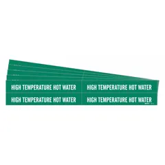 Green adhesive pipe markers with white legend reading 'High Temperature Hot Water'. Each pack contains 4 markers fitting pipe outer diameters from 3/4 to 2-3/8 inches. Designed for identifying hot water lines in piping systems.