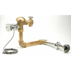 Battery-powered automatic flush valve for back-spud toilets with 10-inch rough-in. Delivers 3.5 gallons per flush. Suitable for commercial restroom installations requiring touch-free operation.