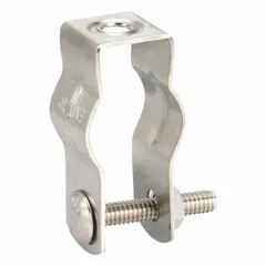 Screw-on conduit hanger for supporting 3/4 in Electrical Metallic Tubing (EMT). Constructed from polished stainless steel for corrosion resistance. Used in electrical installations to secure conduit runs.