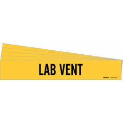 Yellow adhesive pipe marker with black 'Lab Vent' legend, designed for identifying laboratory ventilation piping. Fits pipe outer diameters from 2-1/2 to 7-7/8 inches. Sold in a 5-pack with one marker per pack, without arrows.