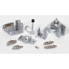 This in-swing door hardware kit for bathroom partitions includes a bottom door side vault hinge. It features a bright finish and is designed for use with solid plastic polymer partitions. Overall height is 3 1/4 inches and overall width is 5 1/2 inches.