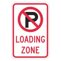 This 18 x 12 inch aluminum sign designates loading zones where parking is prohibited. Made from 0.063 inch thick aluminum with a High Intensity Prismatic retroreflective finish, it is suitable for outdoor use in commercial and industrial areas to manage traffic flow and enforce parking regulations. Not ADA compliant