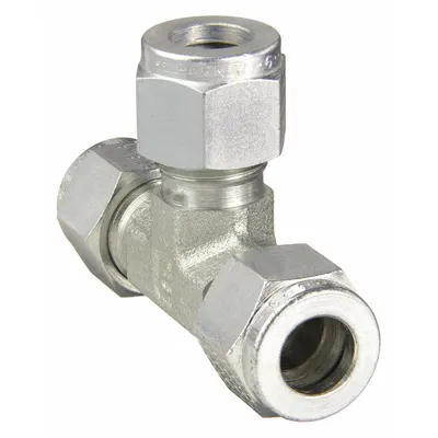 PARKER Compression Tee Fitting: 1/4 in OD x 1/4 in OD x 1/4 in OD Size, 1/4" Thread Size - Double-Ferrule Steel Compression Fittings