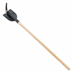 This pick shovel combines a digging point and a flat scoop for breaking ground and moving material. The 1.4 lb head is mounted on a wood handle. Typical applications include construction, landscaping, and utility work where both digging and scooping are required.
